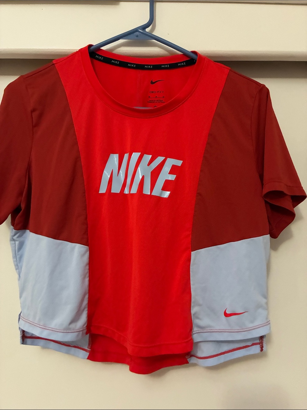 Nike Red and Light Blue Color-block Women Short Sleeve Tee